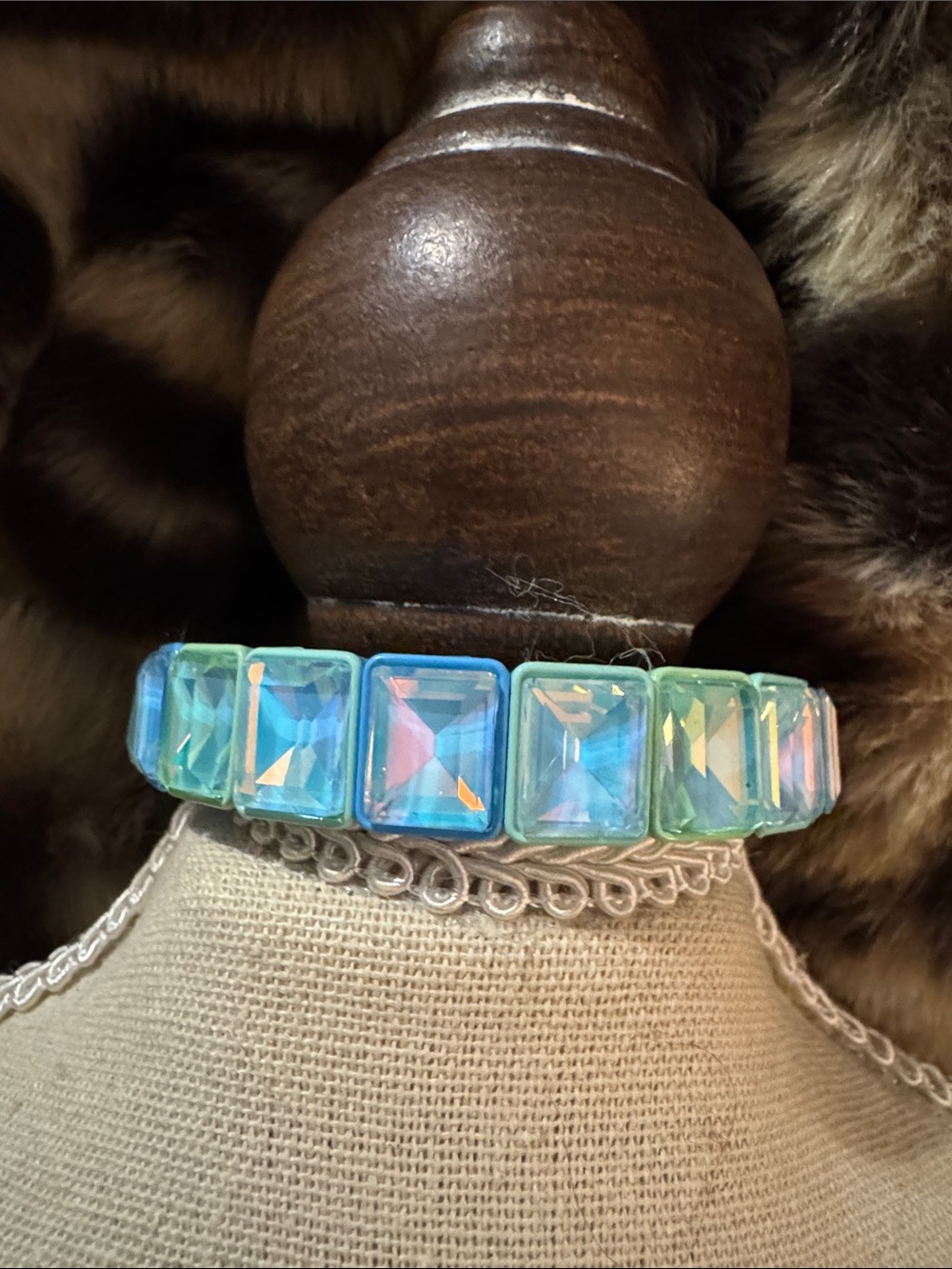 Iridescent Blue-Green Square Crystal Stretch Bracelet